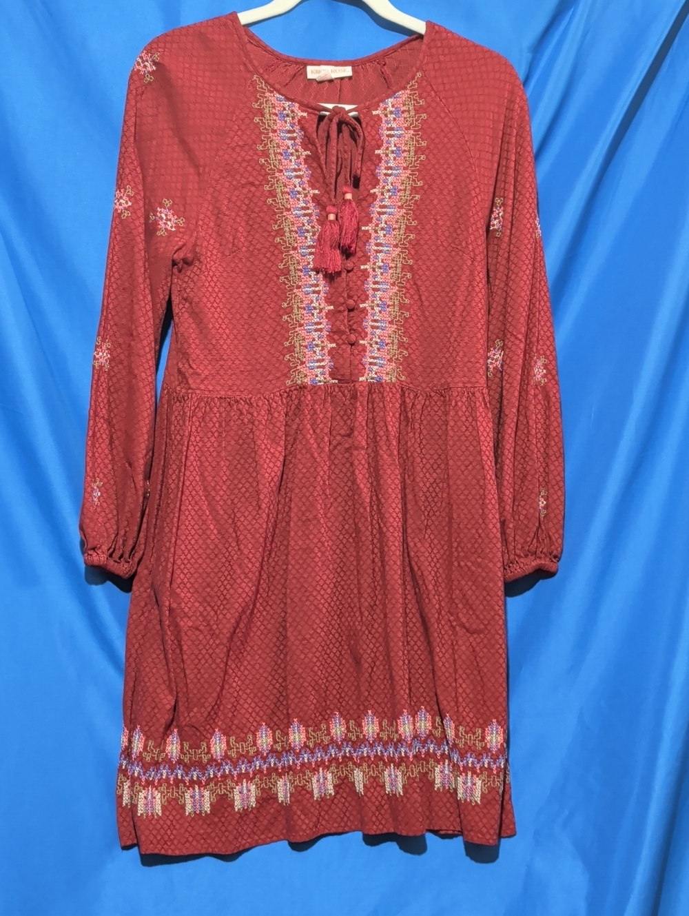 Knox Rose XS Rust Red Embroidered Long Sleeve Tunic Dress